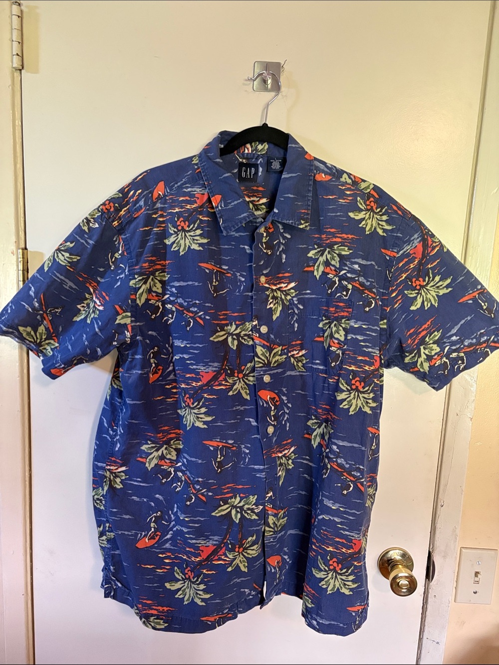 GAP Blue Tropical Print Short Sleeve Button-Up Shirt with Orange & Green Details